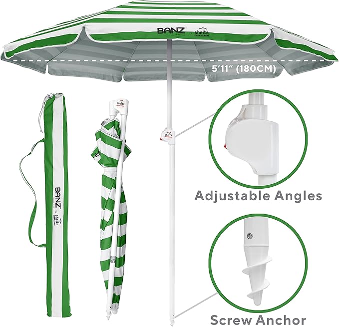 BANZ Cabana Beach Umbrella UPF 50 - UV Protection Foil-Lined Portable Outdoor Umbrella for Sand with Screw-in Base & Tilt Pole - Lightweight Beach Shade & Patio Umbrella with Bag