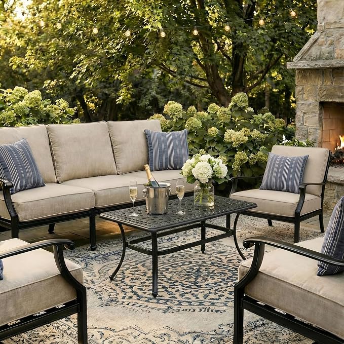 VIVIJASON Cast Aluminum Outdoor Coffee Table, 42 x 24 Inch Rectangular Patio Conversation Table with Lattice Top, Rust-Resistant All-Weather Center Table for Deck, Backyard, Porch, Antique Bronze