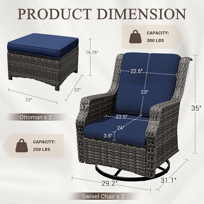 4 Pieces Patio Furniture Set, Outdoor Furniture Set with 2 Patio Swivel Rocking Chairs, 2 PE Rattan Ottoman, Thick Cushions, Ideal for Backyard, Garden, Poolside, Blue