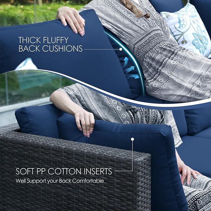 NICESOUL 11 Piece Sectional Patio Set with Loungers, Backyard Seating with Firepit, Comfy 29.3'' High-Back Deep Outdoor Couch Sofa, Heavy Duty All-Weather Wicker Furniture for Exterior, Grey & Blue