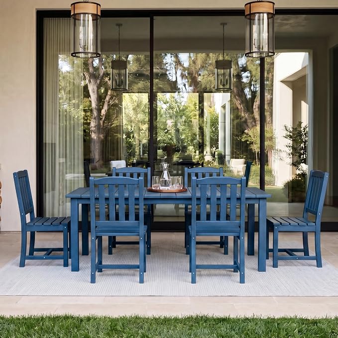 Perli™ 7-Piece Outdoor Dining Set, All-Weather HDPE Patio Table and 6 Chairs with Umbrella Hole, UV-Resistant Composite Wood Dining Furniture for Deck, Backyard, Poolside, Blue