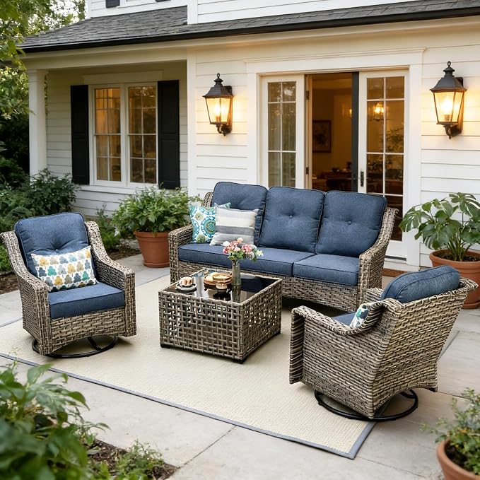 5 PCS Patio Conversation Set, All-Weather Rattan Wicker Outdoor Patio Furniture Sets with High Back Swivel Rocker Chair, Solar Light Coffee Table for Porch,Backyard,Balcony,Denim Blue