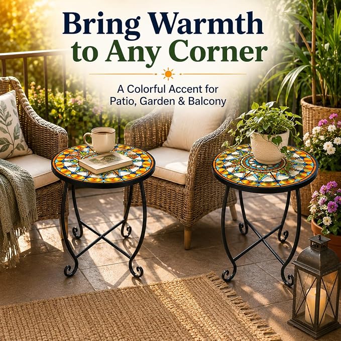 Set of 2 Mosaic Outdoor Side Tables Round, 15 Inch Height - Small Patio Table Set, Foldable Sun Pattern Metal Plant Stands for Garden, Balcony & Yard (Mosaic Sun, 2 Pack)