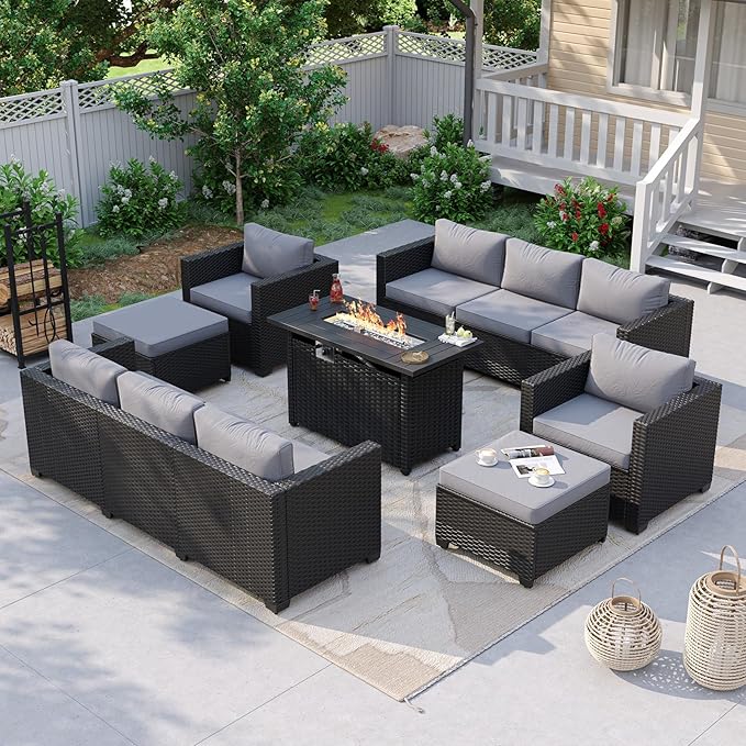 Aoxun 7 Piece Patio Furniture Set with Fire Pit Table, 10 Seats Outdoor Furniture Set with Wicker Ottomans, Rattan Outdoor Sectional Sofa with Thickened Cushion & Waterproof Cover Grey