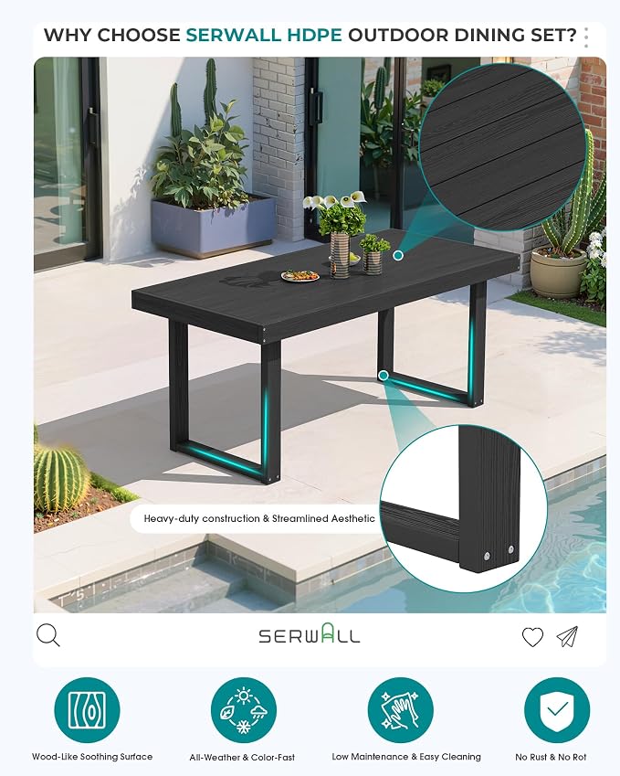 SERWALL HDPE Outdoor Dining Set for 6, 67'' Patio Table and Chairs Set | with Armchair Seat