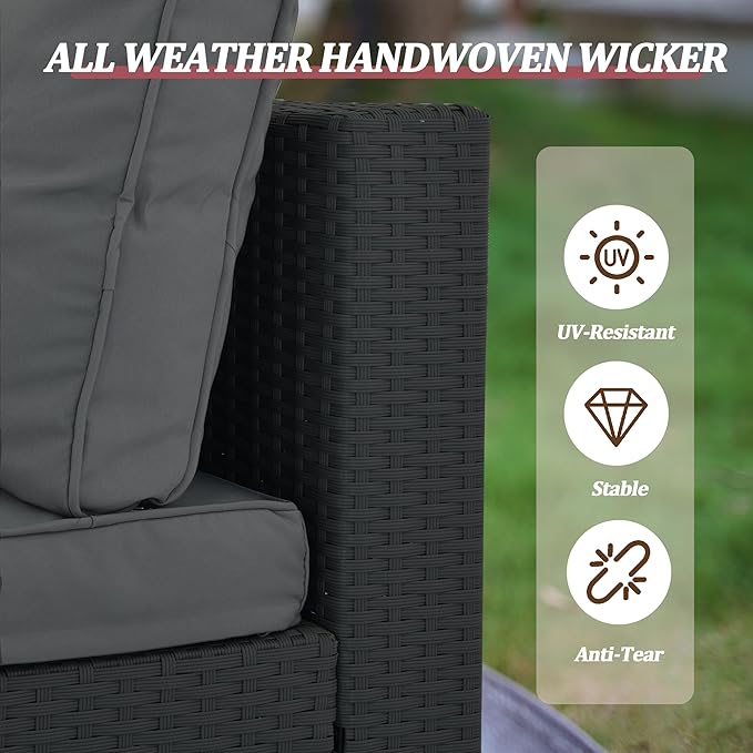 Patio Furniture Set, Outdoor Couch Set—All-Weather Outdoor Furniture Sectional w Water Resistant Thick Cushions, Patio Sofa Set (Deep Gray & Black)