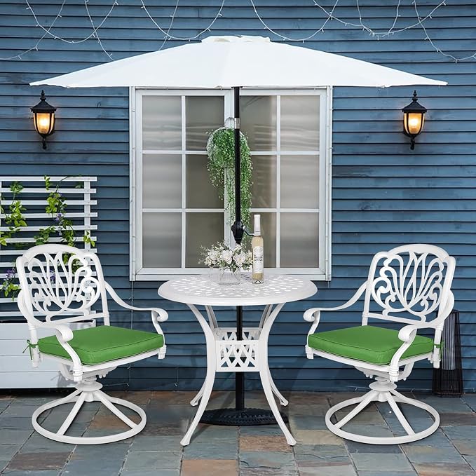 VIVIJASON 3-Piece Patio Furniture Dining Set, Outdoor All-Weather Cast Aluminum Bistro Set, Include 2 Swivel Chairs and 31" Round Table w/Umbrella Hole for Balcony, Lawn, Garden, Backyard, White