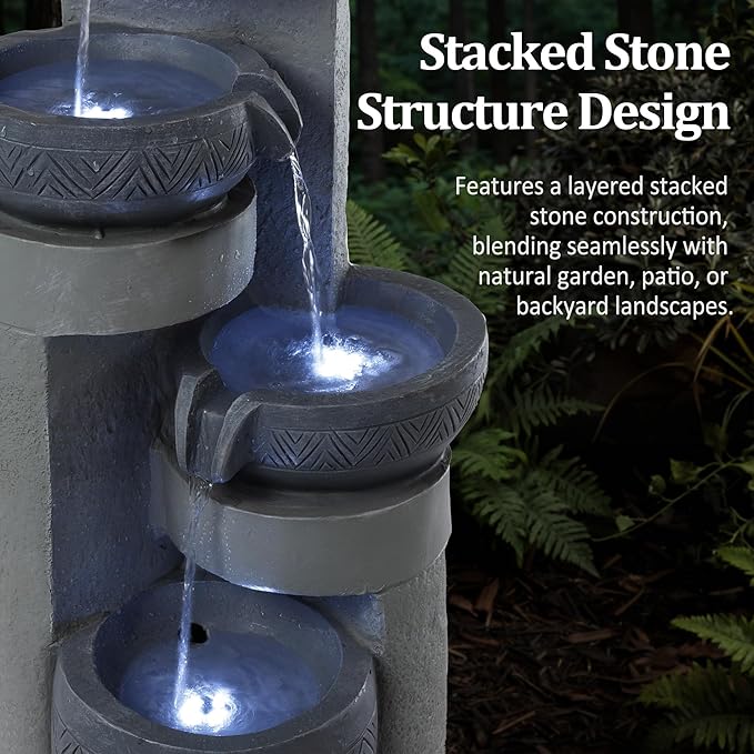 31.5" Tall Outdoor Water Fountain, 4 Tier Cascading Bowls and Stacked Water Fountain with LED Lights, for Yard Décor, Backyard, Patio and Deck (31.5'')
