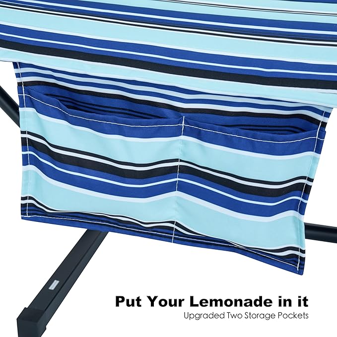 2 Person Hammock with Stand for Outside, Heavy Duty Steel Stand, Double 55inch Hammocks, Large Removable Pillow, Storage Bags, Max 475 lbs Capacity (Pacific Stripe Blue)
