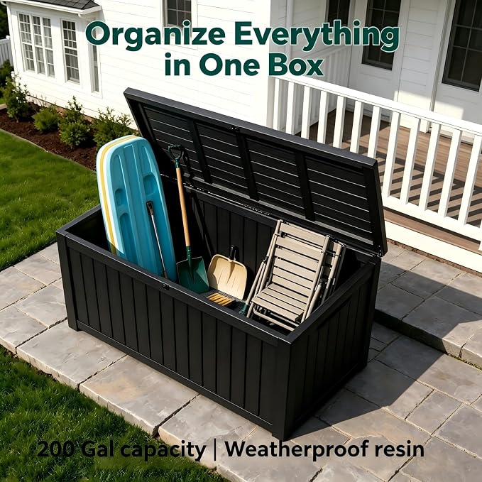 200 Gallon Waterproof Deck Box, Large Resin Outdoor Storage Box for Patio Cushion Storage, Pool Accessories & Garden Tools, 880 Lbs Load Capacity Storage Bins – Lockable Lid, Black