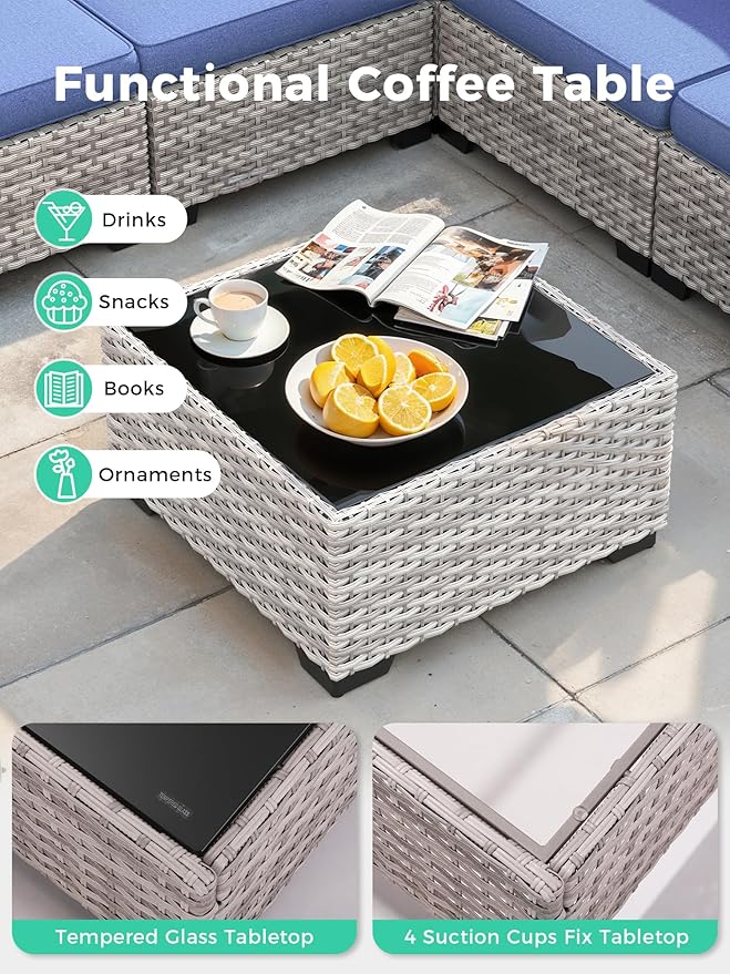 13 Piece Outdoor Wicker Rattan Sectional Sofa Set with Swivel Chairs & Fire Pit Table, 9-Seats with 4" Thickened Cushions & Coffee Table, All-Weather PE Rattan for Garden, Backyard, Porch, Blue