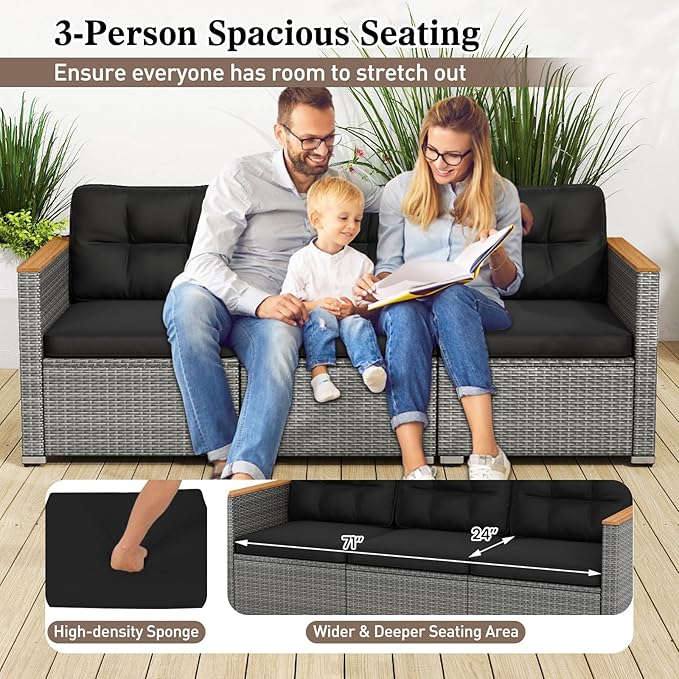 Tangkula 3-Seat Patio Wicker Couch Sofa, Outdoor 3 Seater Rattan Furniture Set with Acacia Wood Armrests & Thick Cushion, Outside Sectional Sofa Couch for Porch, Deck, Garden and Backyard, Black