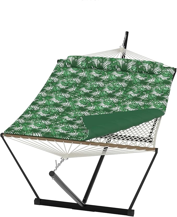 Green with Leaves Pattern 2 Person Hammock with Stand, 2 Person Hammock with Pillow, 450 LBS Capacity Heavy Duty Steel Stand, Freestanding Hammock for Patio, Backyard, Outdoor