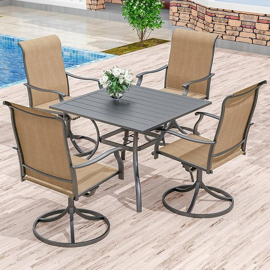 Anmutig 5 Piece Outdoor Patio Dining Set, 4 Swivel Rocking Patio Chairs & Square Dining Table Outdoor Furniture for Backyard Bistro Garden Poolside, Brown