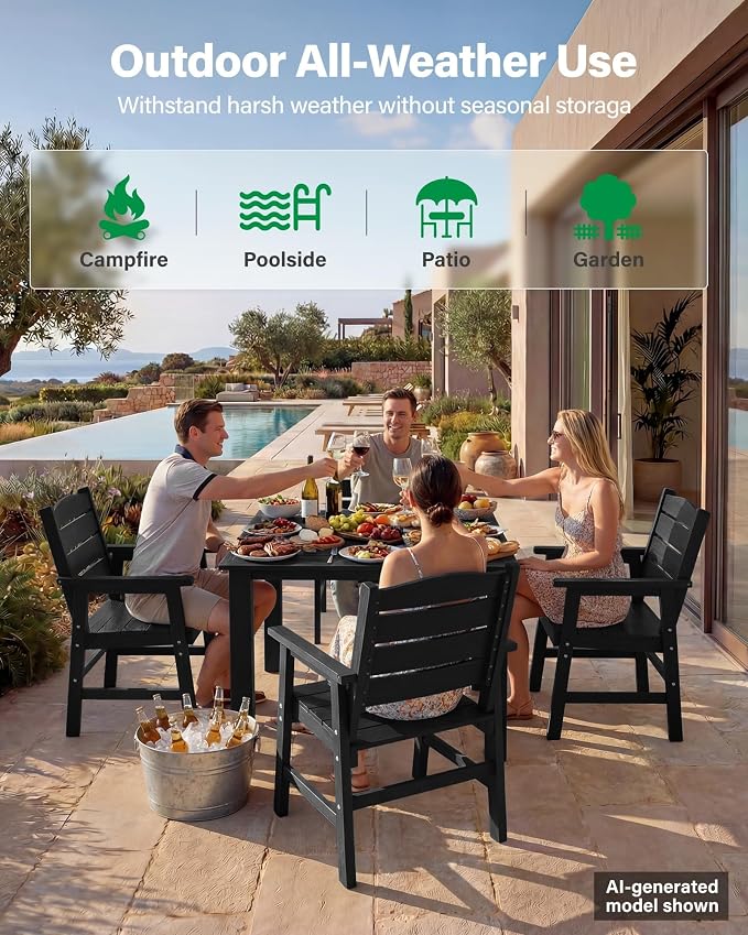 YEFU Patio Dining Sets 8-Piece: All-Weather Outdoor Table and Chairs with Aluminum Frame - Easy Assembly Patio Dining Set for 6 Modern Wood Grain HIPS Furniture for Family in Outside/Deck/Pool Black