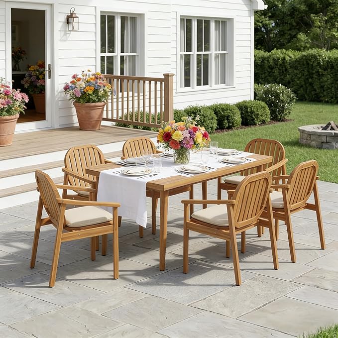 Merax 7 Piece Outdoor Patio Dining Set for 6, Patio Conversation Set with 6 Dining Chair with Armrests & Beige Cushions and Acacia Wood Dining Table, Patio Furniture Set for Desk Garden, Teak