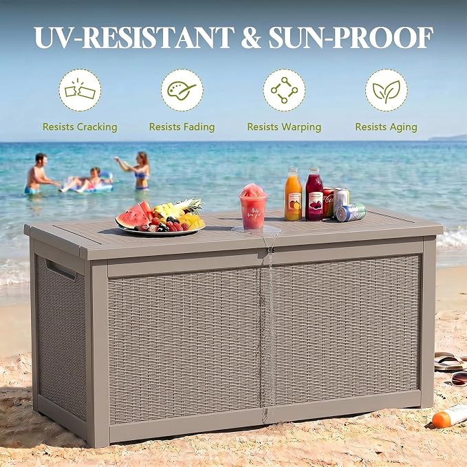Waterproof Outdoor Storage Box Outside Deck Box Lockable Resin Bench UV Resistant Furniture Cushion Pool Tool Float Bin Patio Garden Porch (Grey, 320 Gallon)