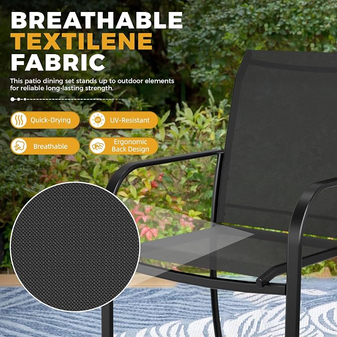 Incbruce 6 Pieces Patio Dining Set with Sky Blue Umbrella, Outdoor Dining Set of 4 Textilene Chairs and Square Table with Umbrella Hole for Backyard, Garden, and Poolside (Black)