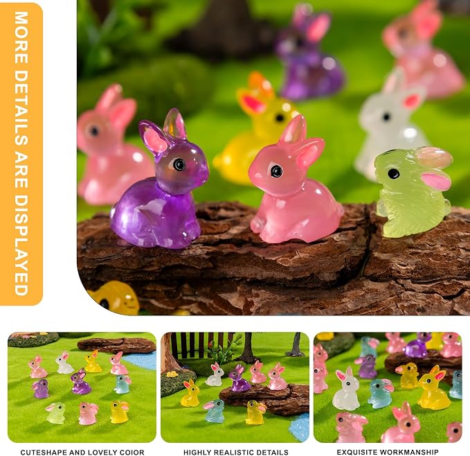 60 pcs Easter Mini Bunnies Luminous Small Rabbit Figures Miniature Little Small Animal Figurines Bulk for Micro Fairy Garden Landscape Accessories Hide Crafts Decor Aquarium