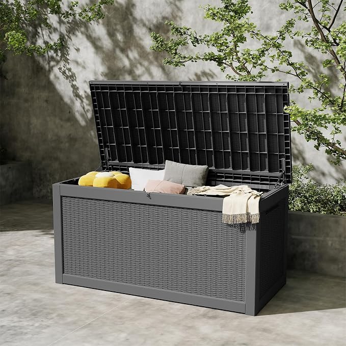 260 Gallon Patio Storage Box, Outdoor Resin Deck Box with Hydraulic Lid, Lockable & Waterproof for Garden Tools, Furniture Cushions, UV Resistant Outside Storage, Black