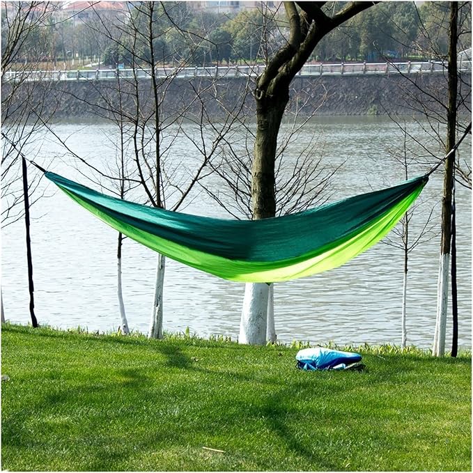 Portable Nylon Parachute Fabric Single and Double Size Outdoor Camping Hiking Garden Hammock(Single Brown Green)