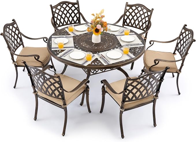 7 Piece Outdoor Dining Set Cast Aluminum, Retro Patio Dining Furniture Set for 6 Includes 54’’ Round Table 6 Chairs with Thicker Cushion and Umbrella Hole for Patio Deck Garden