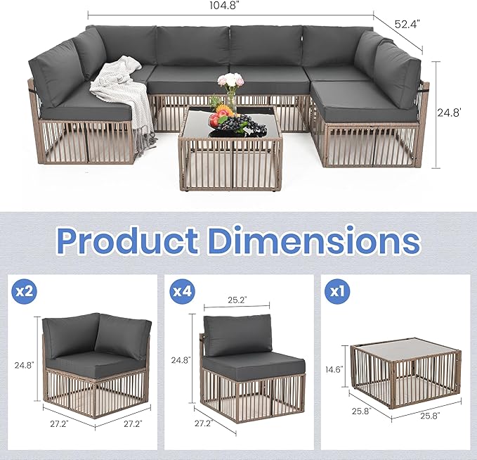 Pamapic 7 Pieces Outdoor Sectional Set, All-Weather PE Rattan Patio Conversation Set, Wicker Adjustable Patio Furniture Set with Washable Cushions Covers and Coffee Table, Brown Rattan, Gray Cushion