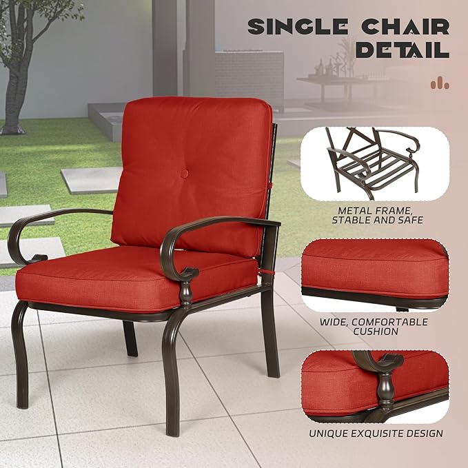 Incbruce 4Pcs Outdoor Metal Furniture Sets Wrought Iron Patio Furniture Conversation Set (Loveseat, Coffee Table, 2 Chairs) - Steel Frame Patio Seating Set with Red Cushions