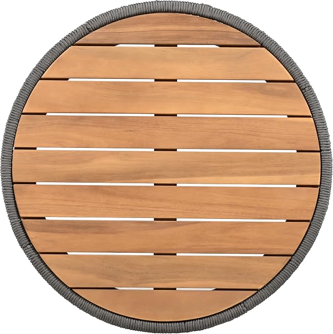 26" Outdoor Rustic Coffee Table,Rattan Rope & Acacia Wood Center Table with Round Top & Iron Frame, Easy Assembly, Versatile Weather-Resistant Patio Furniture for Garden, Yard, Balcony, Gray Teak