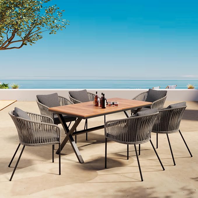 VilroCaz 7 Pieces Patio Dining Set, All-Weather Outdoor Conversation Set Gathering Set with Acacia Wood Tabletop and Metal Frame, Dining Table and Chairs for Garden Backyard Balcony (Green Rope)