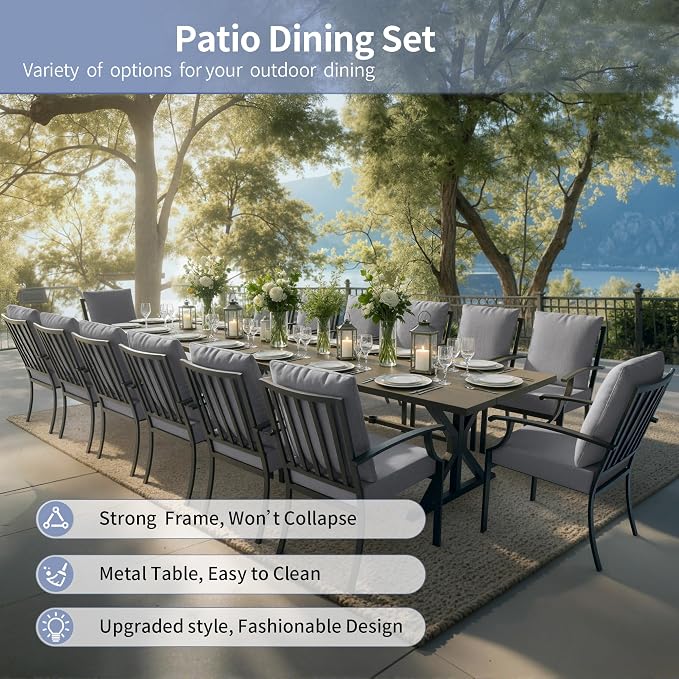Kullavik 16 Pieces Outdoor Dining Set,Patio Dining Table and Chairs Set for 14,Fence Pattern Back Chairs with Thickened Cushions & X-Frame Metal Dining Table with Umbrella Hole for Patio,Grey