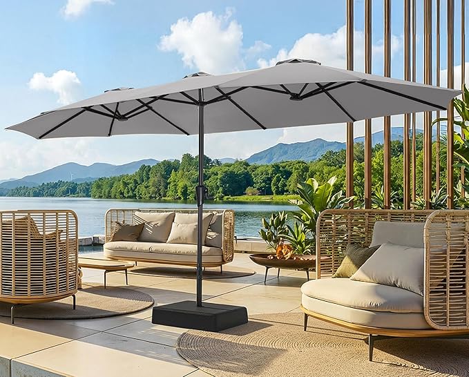 SUPERJARE 15FT Outdoor Patio Umbrella with Base Included, Double Sided Pool Umbrellas with Fade Resistant Canopy, Extra-Large Table Umbrella for Deck, Market, Backyard, Gray