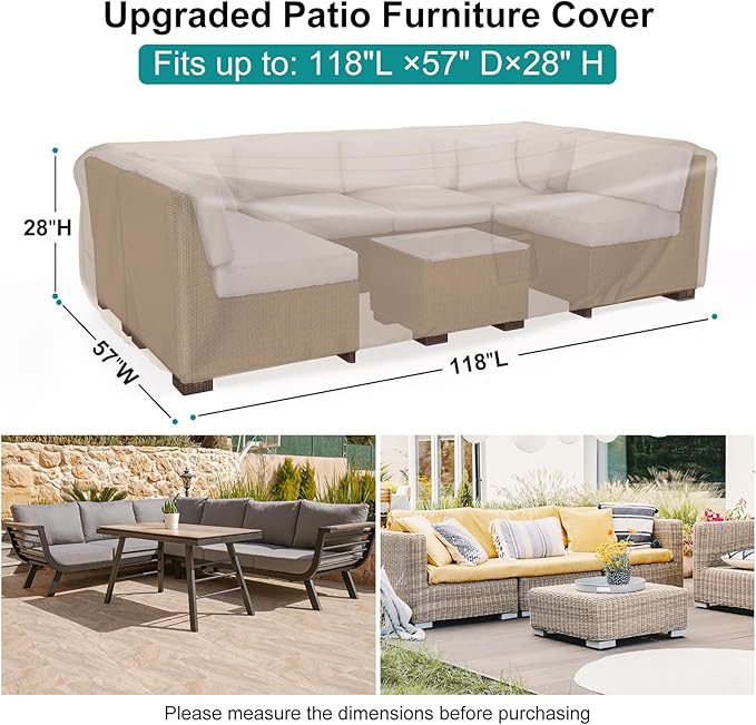 Patio Furniture Set Cover Waterproof, Heavy Duty Furniture Covers for Outdoor Sectional Sofa Set Wicker Rattan Table Chair Rectangular,118"L×57"W×28"H,Brown