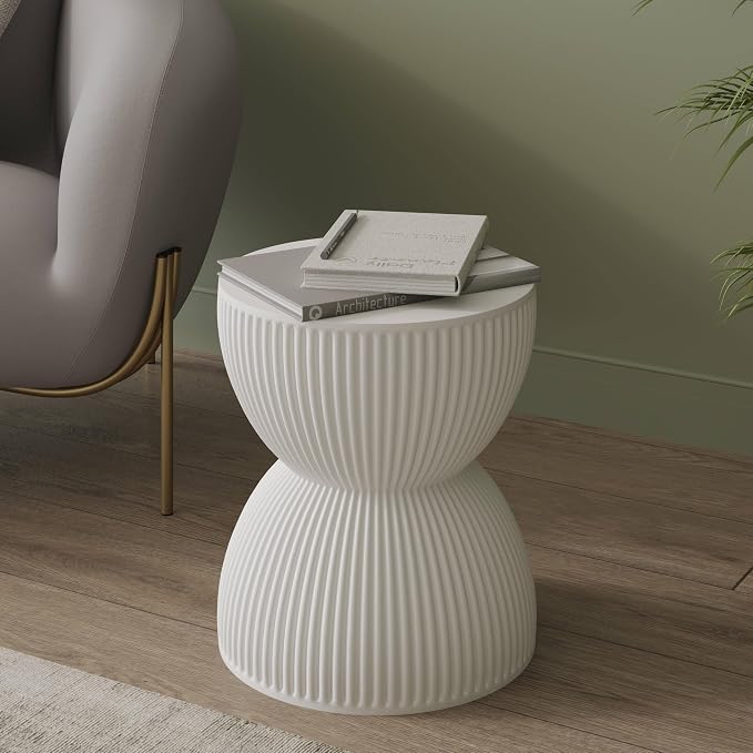 LeisureMod 15" Round Hourglass Fiberstone Side Table, Modern Accent End Table for Indoor Outdoor Use, Durable Small Table for Living Room, Patio, Balcony, or Garden - White