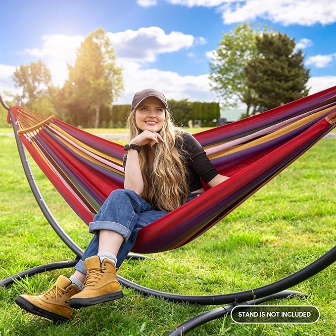 SUNCREAT Hammocks Outdoor Camping Double Hammock with Spreader Bar, Carrying Bag, Backyard Hammock for Outside, Red & Yellow