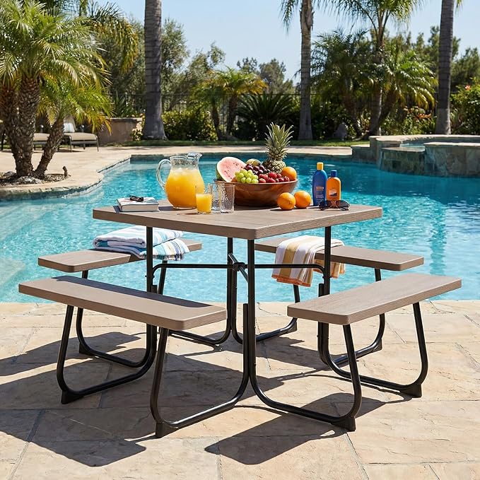 Giantex Picnic Table Bench Set for 8 Persons, Square Outdoor Table and Bench with Umbrella Hole, HDPE Top & Metal Frame, 2000LBS Capacity, Patio Table Set for Deck Yard Garden, Coral Reef