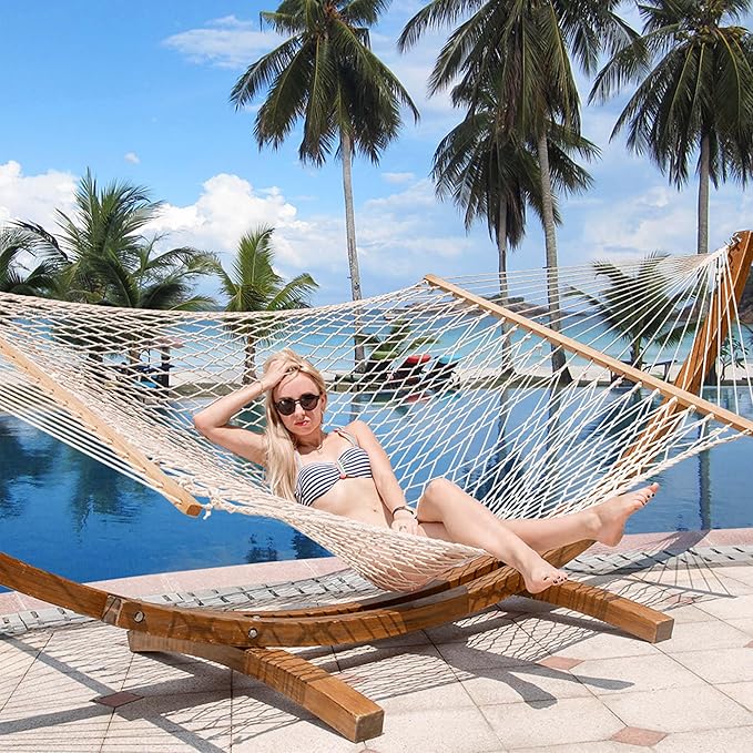 Lazy Daze Hammocks 12 FT Double Rope Hammock and 13 FT Brown Wooden Arc Stand, 2 Person Hand Woven Cotton Hammock with Spreader Bar for Outdoor Patio Poolside, 450 lbs Capacity, Natural