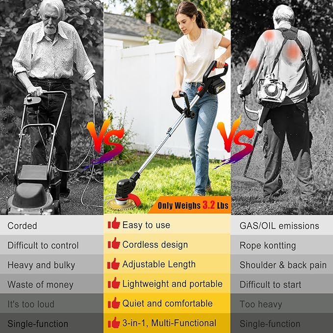 Electric Weed Wacker, 21V Cordless Weed Eater Battery Powered with 2X 2.0Ah Batteries, Charger and Metal Blade, 3 in 1 Lightweight Electric Weed Grass Trimmer Brush Cutter Edger for Lawn Yard Garden