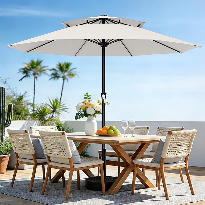 AreShark 11ft 2 Tiers Patio Umbrella - Outdoor Umbrella Waterproof UV Protection, Market Table Umbrella w/ 8 Sturdy Ribs&Crank for Pool, Porch, Garden(Ivory)