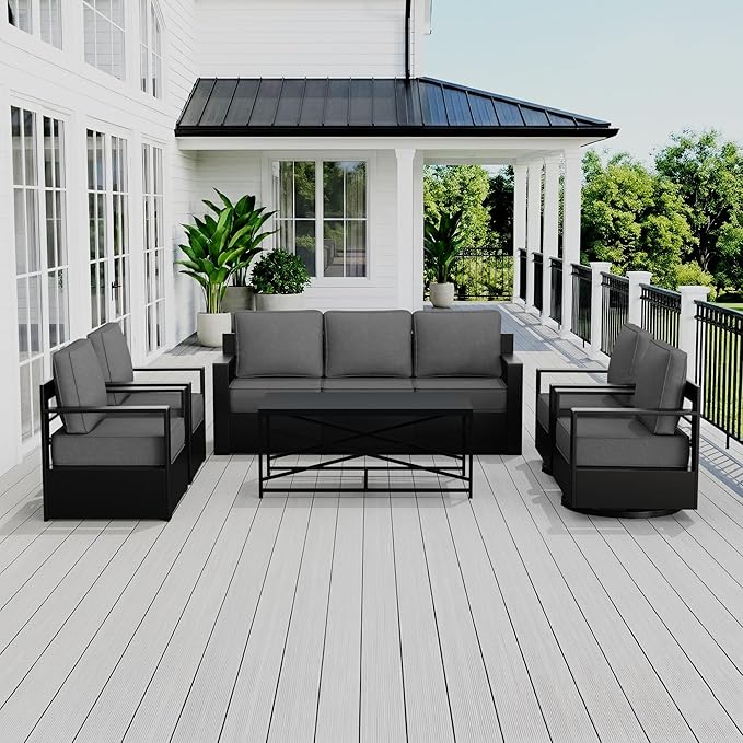 Outdoor Patio Furniture Set, 6-Piece Aluminum Patio Conversation Set All-Weather Metal Outdoor Sectional with 6 Inch Thick Cushions, Deep Setting for Garden, Outside and Porch, Grey
