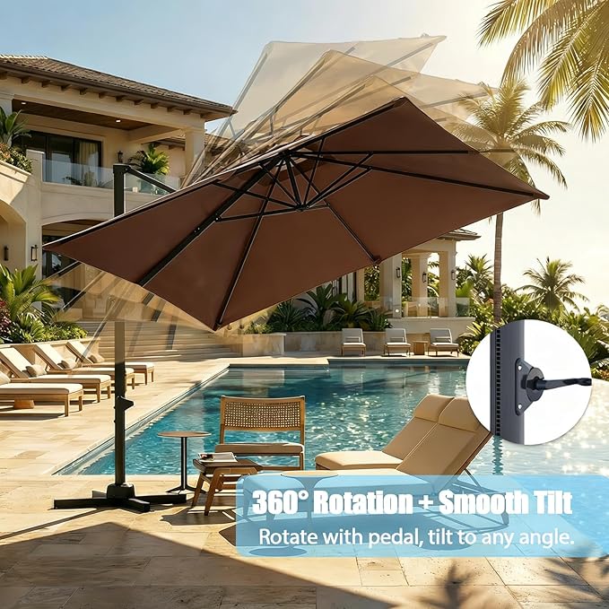 GarveeLife Large Cantilever Patio Umbrella, 10 ft X 10 ft Heavy Duty Aluminum Cantilever Offset Outdoor Umbrella with 360-Degree Rotation for Backyard, Deck, Pool, Tan