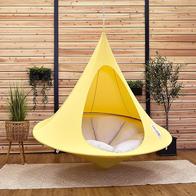 Double Cacoon Hanging Chair for Two – Cozy Indoor/Outdoor Hammock with Polyester Canvas, 440 lb Capacity, Includes 18ft Rope & Carabiner (Lemonade)