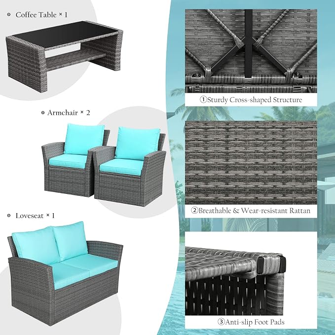 RELAX4LIFE 4 PCS Wicker Patio Furniture Set with Soft Cushions & Tempered Glass Table Outdoor Rattan Sofa Set for Backyard Garden Balcony Poolside Sectional Conversation Couch Set (Turquoise)