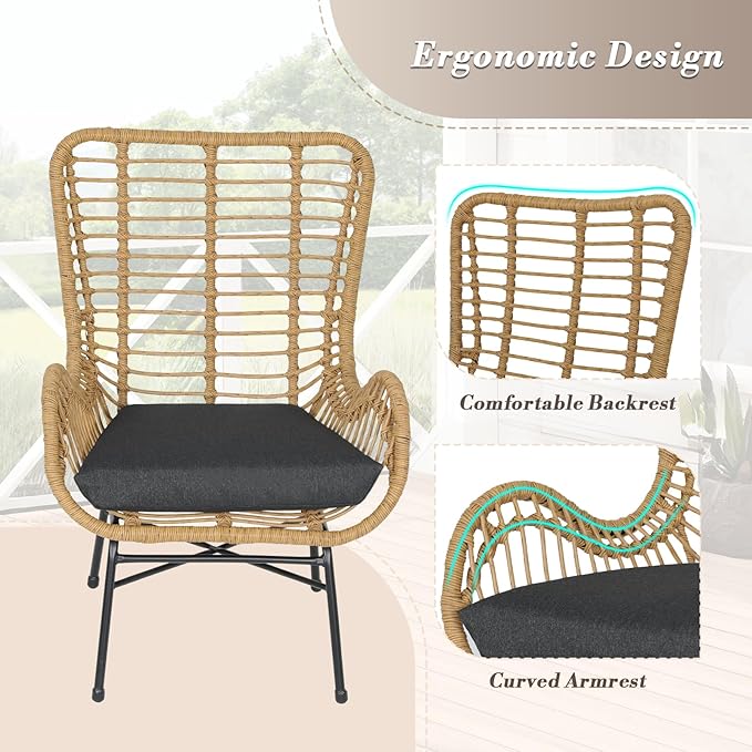 Athena Collection Patio Bistro Sets, 3 Piece All Weather Furniture Set Outdoor Conversation Set Glass Table and Rattan Chairs Set with Soft Cushions for Garden, Poolside, Backyard, Black