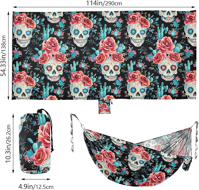 Camping Hammock Outdoor Hammocks for Outside Skull Rose Cactus Beach Trees Portable Lightweight with Pockets Tree Straps Indoor
