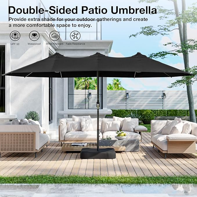 Joyside 15FT Large Patio Umbrella, Outdoor Double Sided Umbrella, Rectangle Umbrella with Crank Handle, 12 Sturdy Ribs for Deck, Porch and Pool