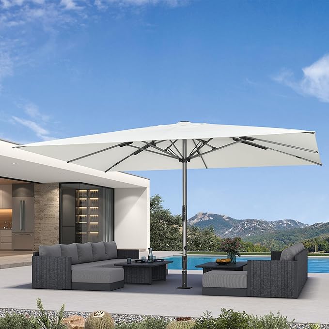 PURPLE LEAF 13 x 16 FT Extra Large Commercial Rectangle Patio Market Table Sun Umbrella Heavy-Duty with Semi-Auto Open Maximum Coverage for Restaurant Hotel Resort Cafe Poolside and Garden Business Use White