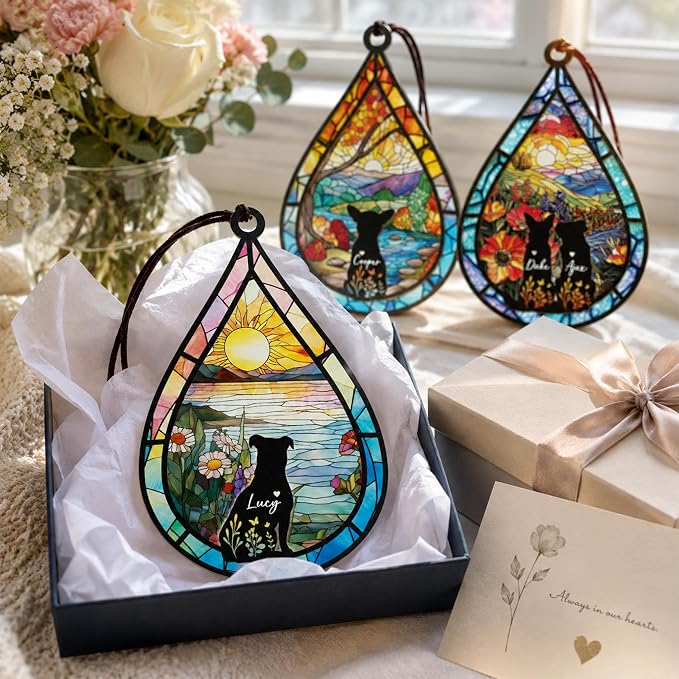 Personalized Pet Memorial Suncatcher, Custom Dog Cat Memorial Window Hanging with Photo & Name, Stained Glass Style Memorial Suncatcher, Rainbow Bridge Sympathy Gift for Pet Lovers