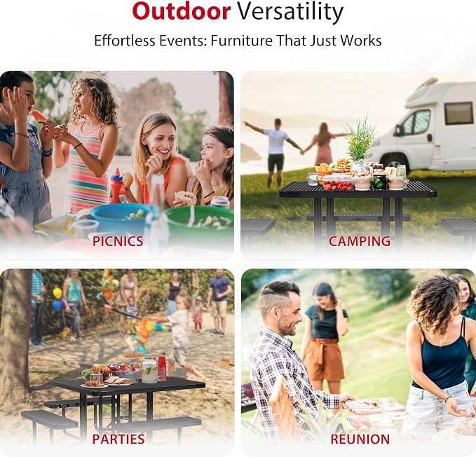 Leisure Craft Metal Picnic Table with Bench - 46" Square Outdoor Dining Table with Umbrella Hole, Heavy Duty Thermoplastic Coating, ADA Compliant, Commercial Grade Furniture Made in USA - Black