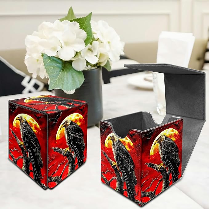 Deck Box for MTG, Cards Storage Box Fits 120+ Sleeved, Leather Medium Size Strong Magnetic Closing Card Case for Board Games Magic TCG CCG Baseball Collection, Red Sky Eagle